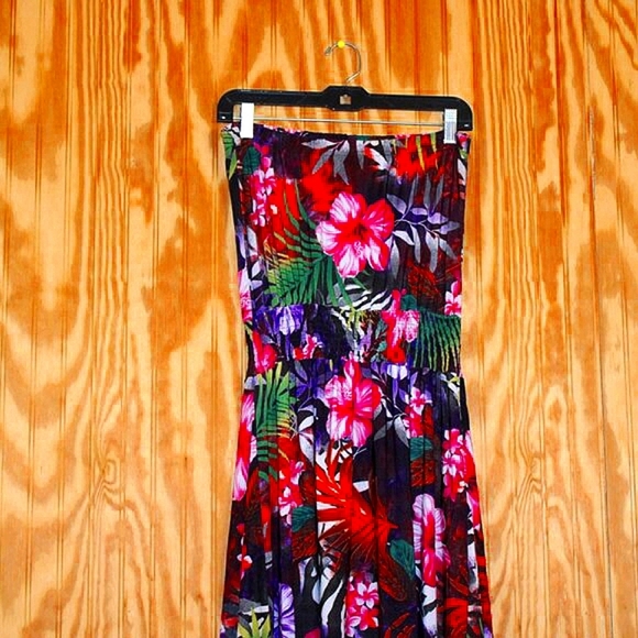 🌺 Just Love Strapless Maxi Dress L — Tropical Hibiscus High-Low Hem 🌴 - Picture 4 of 9